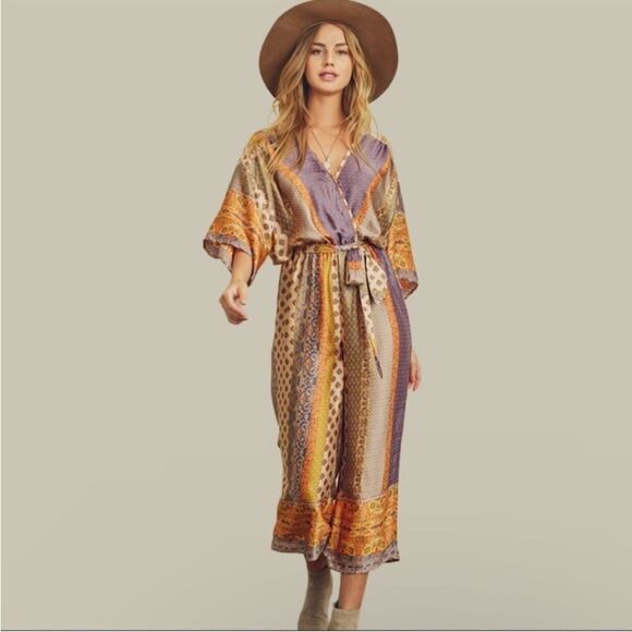 Boho multi patterned bohemian kimono jumpsuit waist strap satin wide leg - Picture 1 of 12
